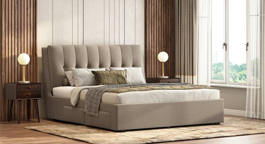 Beige Fabric,Engineered Wood King Size Bed with Drawer Storage Bed