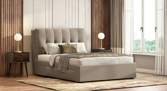 Beige Fabric,Engineered Wood Queen Size Bed with Drawer Storage Bed