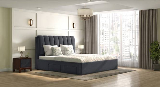 Engineered Wood King Size Drawer Storage Upholstered Bed in Grey Finish