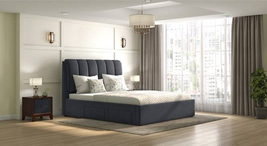 Engineered Wood Queen Size Drawer Storage Upholstered Bed in Grey Finish
