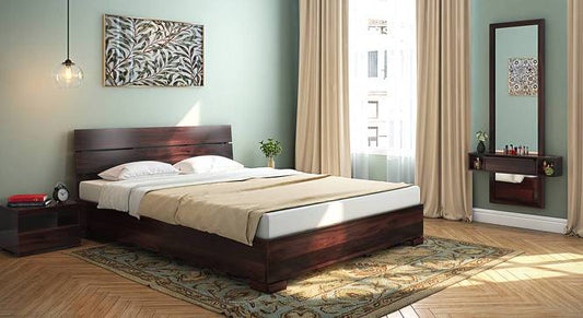 Solid Wood Queen Size Bed without Storage in Mahogany Finish