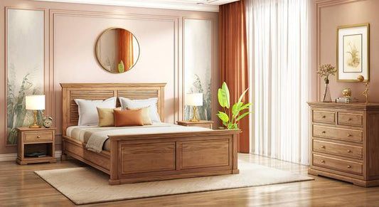 Solid Wood King Size Non Storage Bed in Natural Teak Finish